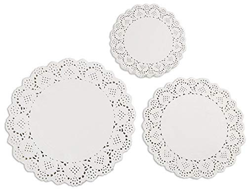 JOFONY 180 Stücke Rund Papierdeckchen,Weiße Spitzenpapier Tortenspitze Papierfür Kuchen Verpackung Papierdeckchen Tassenuntersetzer Papier Geschirrdekoration Hochzeiten(9cm/11.5cm/14cm)