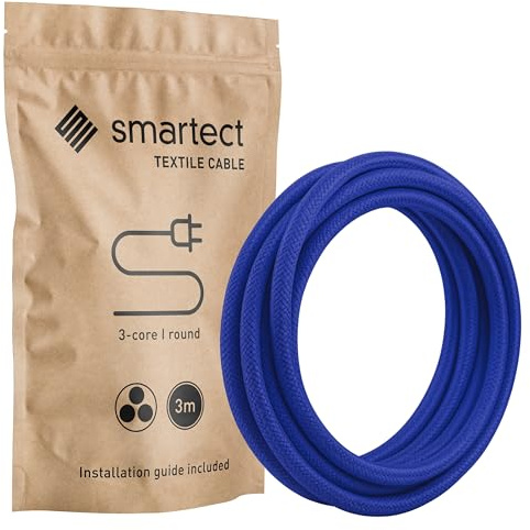 smartect Câble Textile 3 Conducteurs (3 x 0,75mm²) en Bleu Foncé 3 Mètres | Vintage Fil Électrique Tissu, Câble Tissu Lampe idéal pour les Projets de Bricolage