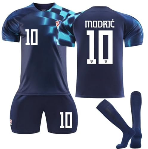 ENIXWH Barnfotbollströja Kroatien utwarts Modric jersey set kom med shorts fotbollsfans för pojkar vuxna, blå, XL