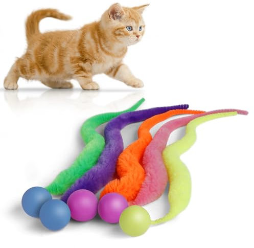 SHENGSEN Bouncy Ball with Tail Cat Toys-5 Packs,Magic Worm with Ball Toy for Cats,Fuzzy Worm Bouncy Balls Cat Toy