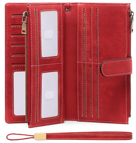 GOIACII Damen-Geldbörse RFID-blockierend, doppelte Reißverschlusstasche, Kreditkartenhalter, Leder, dreifach gefaltet, große Kapazität, Damen-Clutch-Armband, einfarbig (Getaway Solids), Vintage