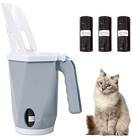 Hwtcjx Katzenklo Schaufel 2 in 1, Streuschaufel mit Behälter, Schmutzfreie Katzenstreuschaufel mit 3 Rollen Abfallsäcken, Abnehmbare Katzen Schaufel mit Abfallbehälter für Katzenstreu Klumpstreu