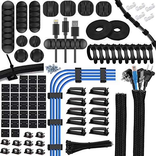 HOTOOLME Kabelmanagement set 180Pcs mit 1m Kabelschlauch schwarz x2,25 Kabelhalter,10 Kabelbinder Selbstklebend,41 Kabelklemmen,100 Kabelbinder für TV PC unter Schreibtisch Elektronik Kabelschutz