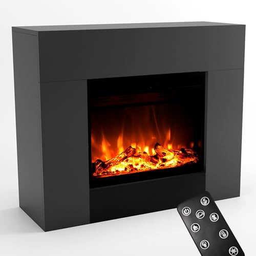 GF Core Elektrokamin mit Heizung und Kaminfeuer (Standkamin METIS) - elektrischer Kamin mit LED-Feuer in 3 Farben, Heizlüfter, Holz-Deko & Fernbedienung, 98x82x35 cm, Grau