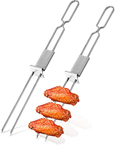 PODEC 6 Stück Doppelzackige Metallspieße, 31,9 cm Wiederverwendbarer Grillspieß Aus Edelstahl Mit Schiebestange, Schnellverschluss-Kebab-Sticks, Grillzubehör, Für Fleisch, Gemüse, Obst, Marshmallow