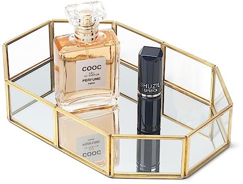Gold Mirror Tray, Glass Perfume Tray, Perfume Organiser, Decorative Makeup Organiser for Vanity, Dresser, Bathroom, Bedroom (Rectangular, S)
