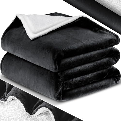 KESSER® Kuscheldecke Flauschige Sherpa Extra Weich & Warm Wohndecke Flanell Fleecedecke, Falten beständig/Anti-verfärben als Couchdecke Sofadecke oder Bettüberwurf, 220 cm x 240 cm (XXL) Schwarz