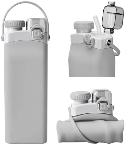 Nefeeko Botella plegable de silicona de 600 ml con pajita, botella de agua reutilizable a prueba de fugas, sin BPA, para viajes, camping, yoga, escuela, exterior (gris claro)