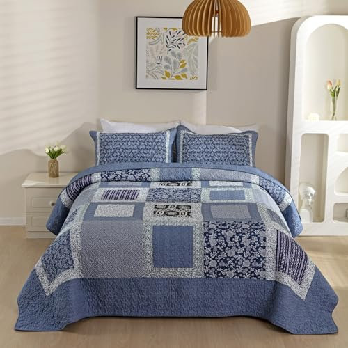 PRELGOSP Tagesdecke BettüBerwurf aus Baumwolle, Patchwork Bedspreads Steppdecke, Gesteppte Bett üBerwurfdecke mit 2 Kissenbezug,Blau,230x250cm