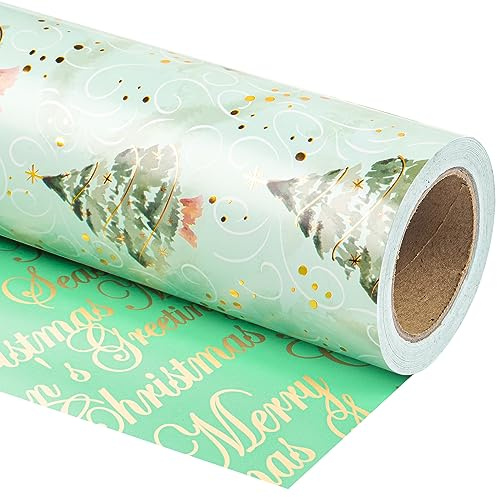 RUSPEPA Vändbart julomslagspapper – minirulle – 43,2 cm x 10 m – akvarellgrön julgran och god jul med metallisk folieglans för semester, fest, firande