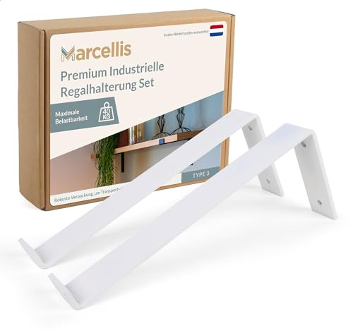 Marcellis Premium Regalhalterung für 30 cm breite Bretter, Matt Weiß, 2x Industrielle Regalhalterungen (40 kg Tragkraft) - Hochwertige Verarbeitung und Montagematerial - 15x4x30,2 cm (HxWxD)