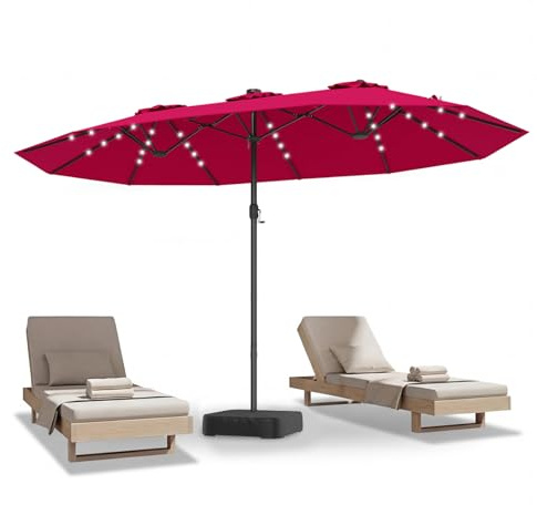 COSTWAY Parasol de Jardin Exterieur Double 4,6 x 2,85 M avec Base Lestée, Grand Parasol Rectangulaire avec 48 LED Solaires, Manivelle, Protection Solaire UV, pour Terrasse, Piscine, Gîte (Bordeaux)