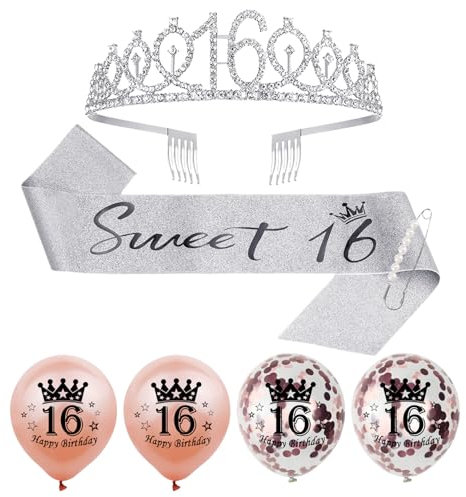 USHXVG 6 Piece 16th Birthday Accessories Set, Diamond Crown Headband, 16th Birthday Belt, Rose Gold Balloons