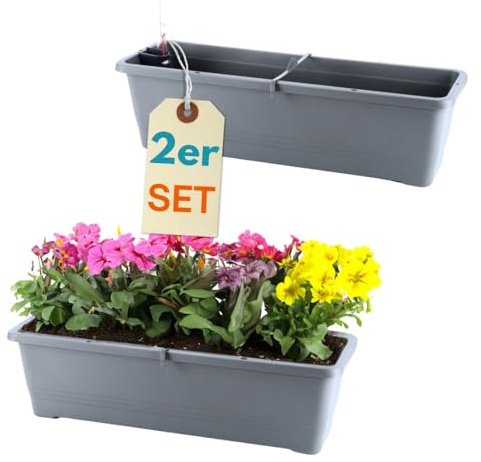GarPet 2er Set Blumenkasten mit Wasserspeicher Blumenkasten Fensterbank Pflanzkasten Outdoor Wasserstandsanzeiger Gießschacht Bewässerungsband 60 cm Anthrazit