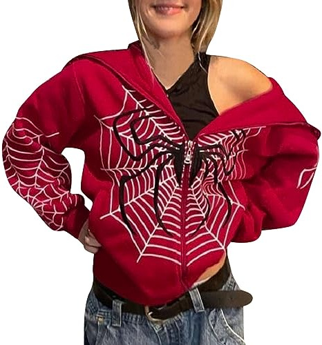 Halloween Kostüm Damen Zip Up Oversized Hoodie Große Spinnennetz Print Muster Y2K Hoodie Gothic Punk Jacke Sweatshirt Halloween Pullover Oversized Freizeit Langarm Kapuzenpullover Vintage Große Größe