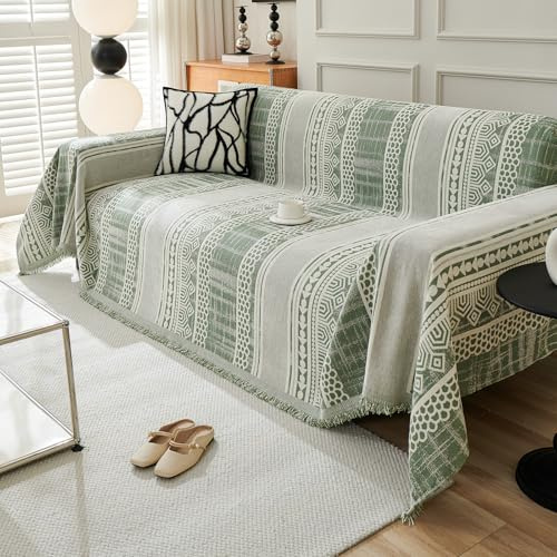 VanderHOME Copridivano Bohémien, Telo Copridivano, Fodere Copridivani,Copridivano Decorativo, Foulard Copridivano, Coperta Reversibile in Ciniglia Per Divano, Motivi Geometrici 180 * 90cm-Verde