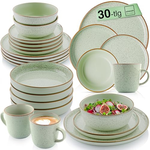 SÄNGER Rio Minze Geschirrset 6 Personen, 30-tlg. Steingut Teller Set Grün | Kombiservice mit Pastateller, Frühstücksteller, Speiseteller & Kaffeebecher, spülmaschinen- & mikrowellengeeignet, kratzfest