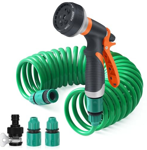 Flexibler Gartenschlauch, 7.5M Spiralschlauch Komplett Set mit 8 Funktions Brause, Handbrause Garten Brausekopf Gartenbewässerung für Autowäsche, Haustierdusche, Gartenarbeit (7.5 M)