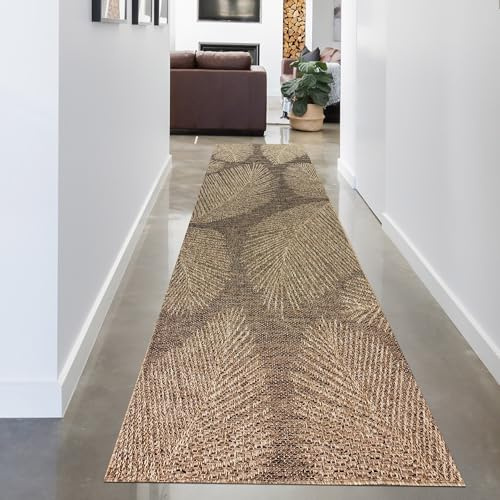 CARPETIA In- & Outdoor Teppich Palmenblätter Beige Braun 80x250 cm | Pflegeleicht, wetterfest, UV-beständig und schmutzabweisend, OEKO-TEX geprüft, für Balkon, Terrasse & Wohnräume
