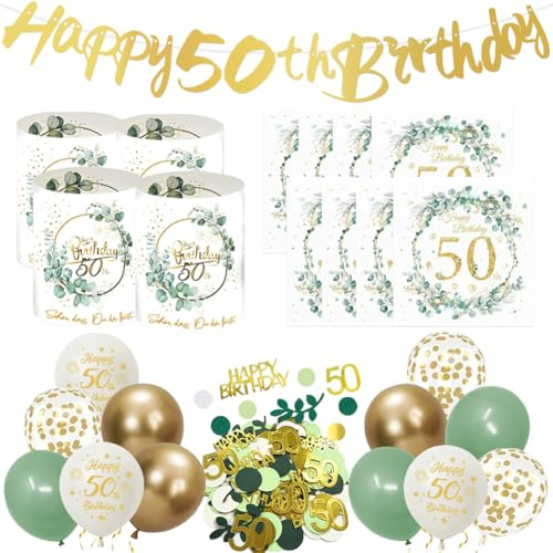 20 Stück 50. Geburtstag Deko Servietten 12 Stück Happy 50th Birthday Windlicht Tischdeko Luftballon Girlande und Konfetti für 50 Jahre Deko Geburtstag Frau Mann