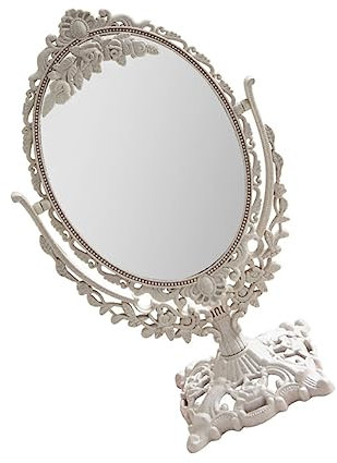 DEARMAMY Retro Stil Drehbarer Desktop Makeup Spiegel Mit Relief Ornament Doppelseitiger Kosmetikspiegel Für Zuhause Büro Und Reisen Kompakt Und Praktisch
