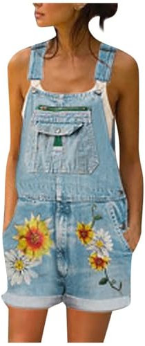 Denim Dungarees Women's Short Oversize Dungarees Jeans Loose 90s Jeans Summer Short Denim Dungarees Flower Jumpsuit Vintage Loose Fit Trousers Suit Bib Shorts Summer Shorts Denim Overalls, Z-light