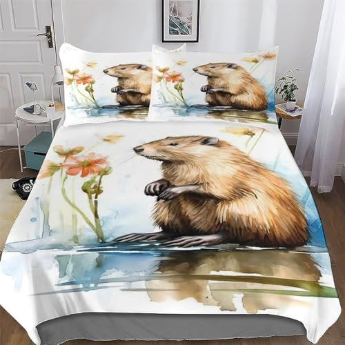 LLXXHH Beaver Duvet Cover Set 3 Pcs with Pillowcases Soft Microfiber Quilt Cover Bedding Sets for Kids Adult Comforter Cover Double (200x200cm)