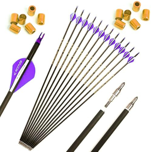 6/12pc Longueur Personnalisée Flèches en Carbone 300/350/400/500/600/700/800 Spine Pointe Amovible 2 Plume en Plastique Flèche de Chasse Flèche de Sport pour Arc Recurve Arc à Poulies Tir à l’Arc