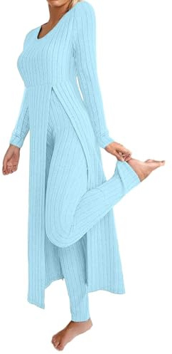 KBOPLEMQ Tuta da donna in due pezzi, a maniche lunghe, a coste, top e leggings, set da due pezzi, per il tempo libero, casual, da jogging, a maglia, pantaloni lunghi