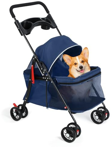 Hundewagen 2 in 1, Hundebuggy Bis 20kg, 4 Paar 360°Doppelräder, Hund-Katzen-Käfig-Kinderwagen mit Getränkehalter, Hundewagen Klappbar für Kleine/Mittlere Hunde und Katzen (Blau)