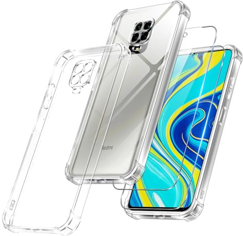Vauki para Xiaomi Redmi Note 9 Pro / 9S / 9 Pro MAX Funda con 2 Cristal Templado, Soft TPU Case, [Almohadilla de Aire integrada] Antigolpes Antiarañazos Carcasa, Antiamarilleo Cover, Transparente