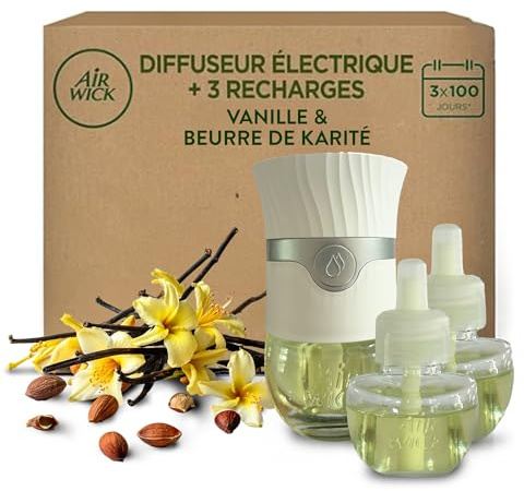 Air Wick Diffusore Elettrico di Oli Essenziali, 1 Diffusore Elettrico Gadget e 3 Ricariche, Fragranza Dolce Vaniglia e Burro di Karitè, 1 Diffusore e 3 Ricariche x19ml