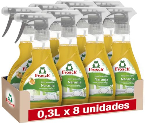 Frosch Spray Lavavajillas Naranja Pack 8x300ml - Limpiador Desengrasante Ecológico con Extractos Naturales - Elimina Grasa e Incrustaciones