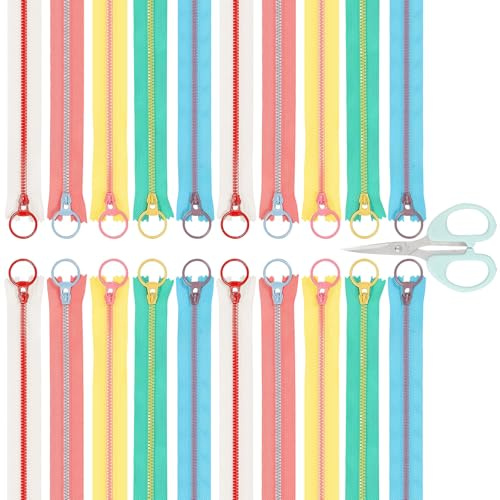 poraceous 20 Piezas Cremalleras de Colores, 30cm Multicolor Cremallera de Resina, Cremalleras de Costura con Tijeras, Tiradores de Anillo, Cierre de Cremallera Cerrado para Costura, Artesanía
