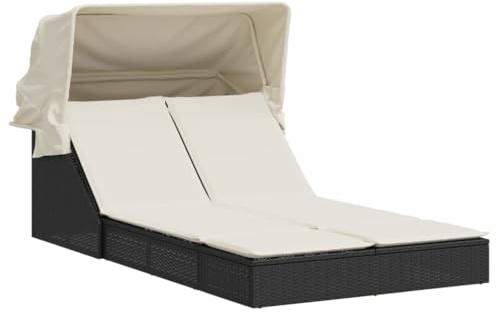 Foknhdi Doppel-Sonnenliege mit Dach und Auflagen Schwarz Poly Rattan Gartenliege für 2 Personen Relaxliege mit Verstellbarer Rückenlehne und ausziehbarem Sonnendach 108x236 cm
