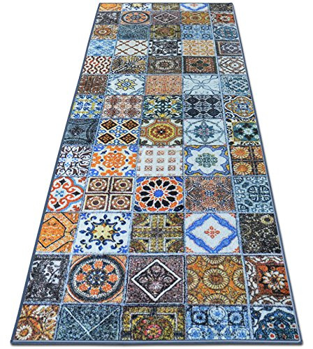 casa pura Tapis Carreau Ciment Tapis Multicolore | 100% Polyamide | Moelleux & Antidérapant | 18 Tailles | Bonita, 80x300cm