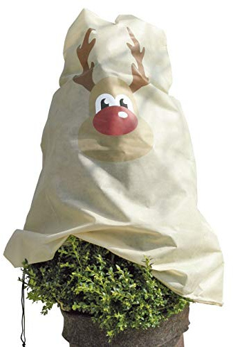 AFP Winterschutz Vlieshaube Rentier Ronny, beige, 110 x 110cm, 50g/qm Kübelpflanzensack Gartenvlies atmungsaktiv/Frostschutz Pflanzen/Gartendeko/Kordel / 2 Jutesäckchen gratis