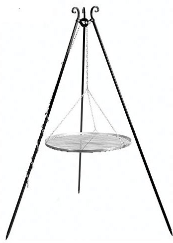 CookKing Barbecue a tre gambe, altezza 180 cm, griglia in acciaio inox 80 cm, griglia girevole