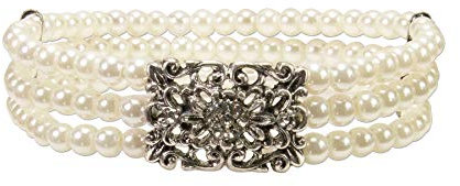 Alpenflüstern Perlen-Trachten-Armband Edda - elastische mehrreihige Trachten-Armkette mit Strass-Mittelteil, eleganter Damen-Trachtenschmuck, Perlenarmband Creme-weiß, klare Steine DAB060