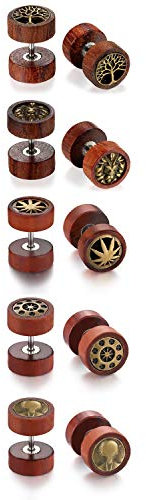 JewelryWe Schmuck 5 Paar Holz Ohrringe Set Edelstahl Fake Plug Ohrstecker Cheater Tunnel Barbell Gauges Ohr Piercing Baum des Lebens Löwe Kokosnussbaum Schwungrad Außerirdisch