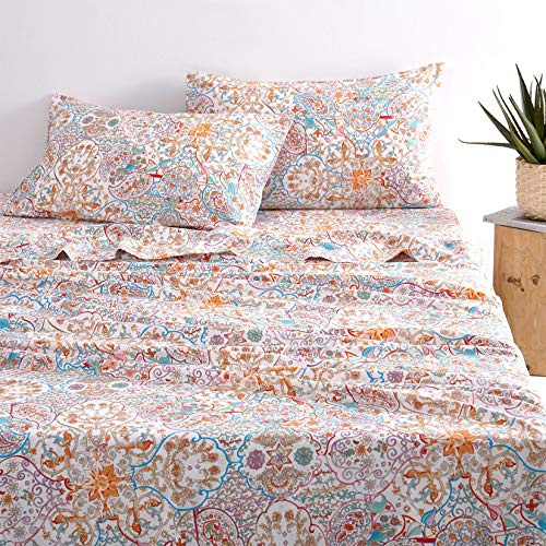 Wake In Cloud - Boho Bed Sheets, 100% Cotton, 4-Piece Sheet Set, Bohemian Hippie Chic Paisley Patterned Aesthetic Bedding, Deep Pocket, Turquoise Orange, King Size