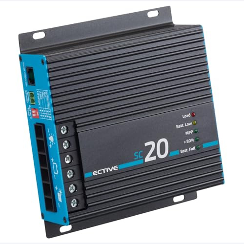 ECTIVE SC 20 MPPT Solar Laderegler 12V/24V 20A, Charge Controller bis 50V | 240/480 Wp kompatibel mit LiFePO4/AGM/GEL/Nass, für Wohnmobil, Camper, Caravan, Boot, Effizientes Laden, Sicherheit