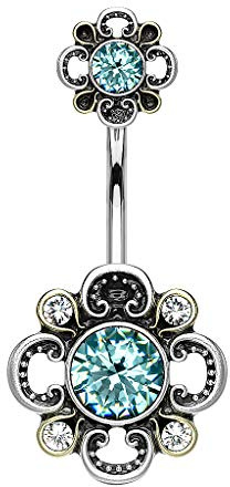 Piercingfaktor Bauchnabelpiercing Chirurgenstahl Bauch Bauchnabel Piercing Banane Stecker Anhänger mit Kristall Blumen Vintage Lang Silber Aqua
