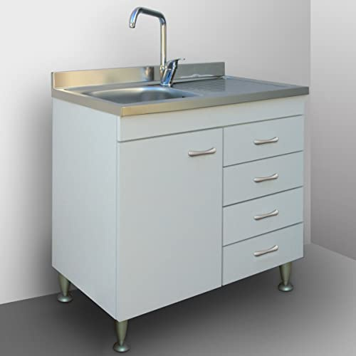 Yellowshop | Mobile sottolavello cm 80 con cassettiera Colore Bianco Completo di lavello Inox Serie Basic (Versione DX)