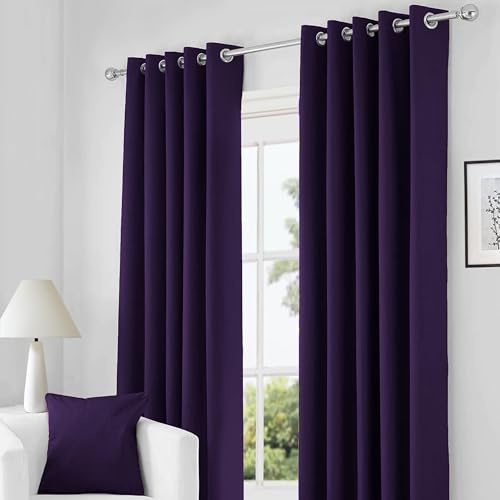 RayyanLinen Readymade Blackout Thermal Eyelet Ring Top Pair of Curtains Including 2 Tiebacks (AUBERGINE PURPLE, Width 46 x Drop 72)