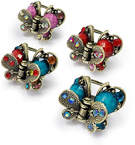 Kavya Pinza para el pelo pequeña, con cristales de mariposa retro, francesa, vintage, antideslizante, de metal, mini, para el cabello, accesorios, para mujer y niña, 4 piezas