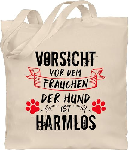 Shirtracer Baumwolltasche - Geschenk für Hundebesitzer - Vorsicht vor dem Frauchen der Hund ist harmlos - Unisize - Naturweiß - hundeliebhaberin dog lover bag hundefan frauchen. beuteltasche