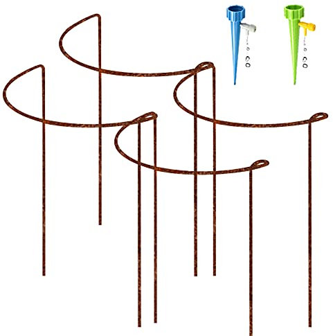 4 Pack Rusty Bow Plant Support Stakes, Half Round Natural Rust Flower Support Ring Cage Frame with 2 Self Watering Spikes, Rusted Metal Interlinking Garden Border for Peonies, Hydrangea(21x35cm)