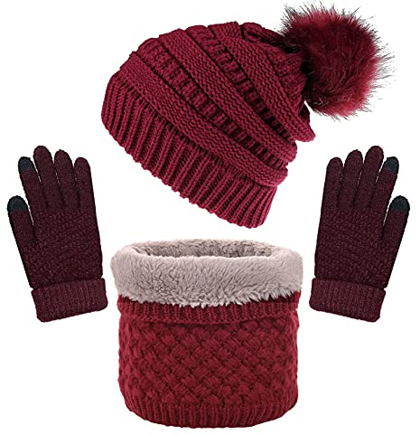 CheChury Damen Kombi Set Schal Mütze Set Loop Schal Gestrickt Beanie Strickmütze Fleece Bommelmütze Pompon Touchscreen-Handschuhe Strick mit Kreis Geschenkset für Frauen,Rot-1