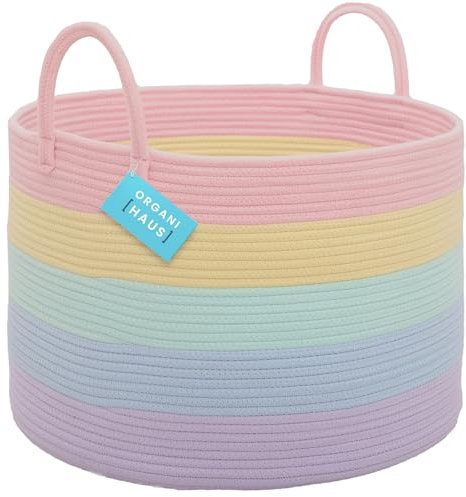 OrganiHaus Wäschekorb Kinderzimmer, Spielzeugkorb, Großer Geflochtener korb Mit Griff, Faltbar & Stabiler, Aufbewahrungskorb Kinder Für Decken, Spielzeug & Kleidung, Regenbogen Design - 50x33cm